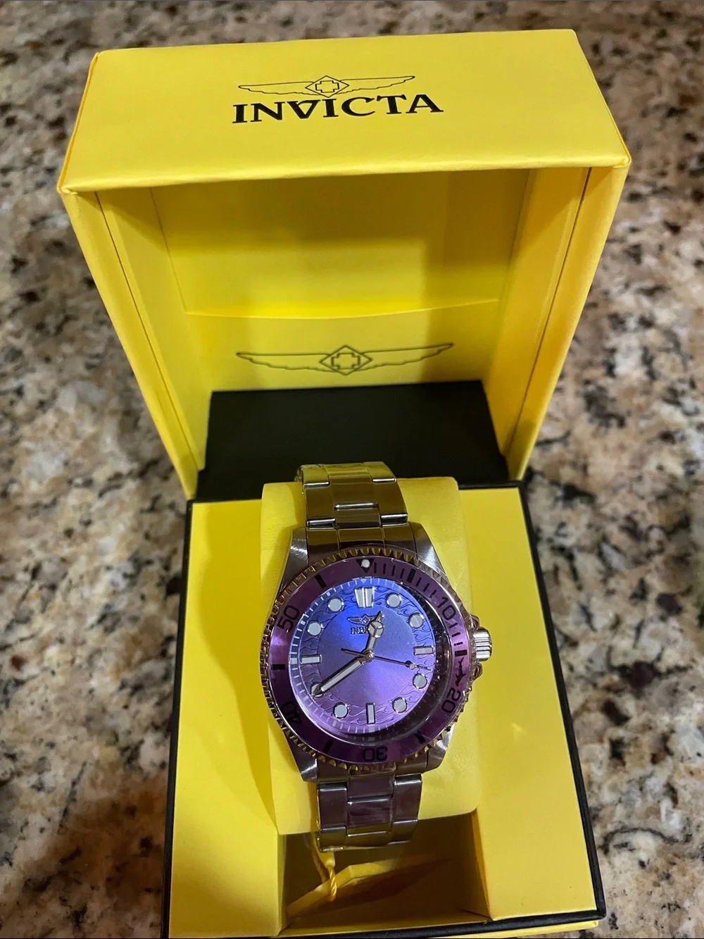 Invicta Pro Diver Men’s Silver Watch with Purple Dial and Bezel
